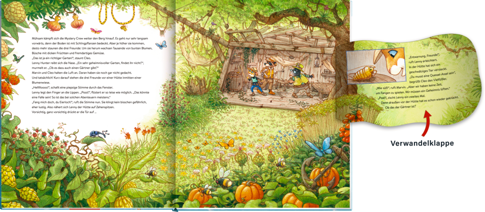 Bunte Kinderbuch-Illustration: Üppiger Garten mit drei Tieren in Abenteurerkleidung in einem alten Holzschuppen.