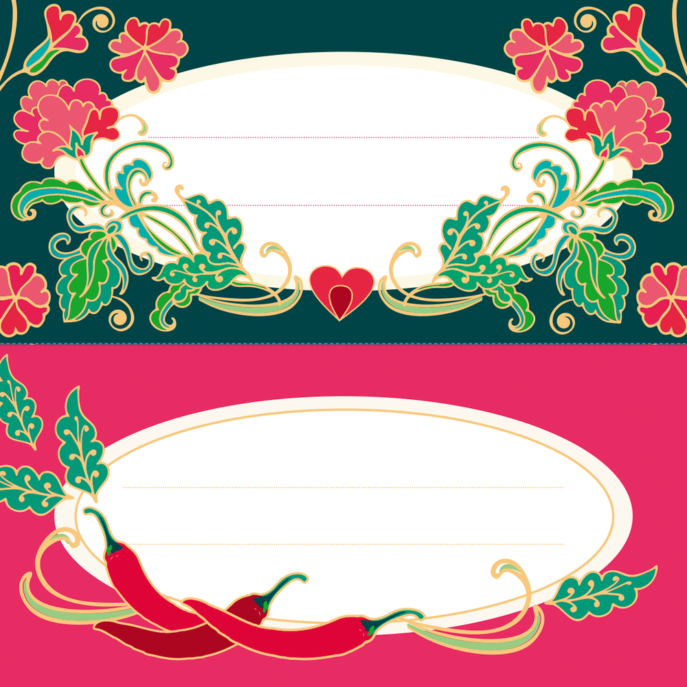 Zwei dekorative Etiketten: eines mit pinken Blumen, eines mit roten Chilischoten, beide mit Leerraum für Ihren Text.