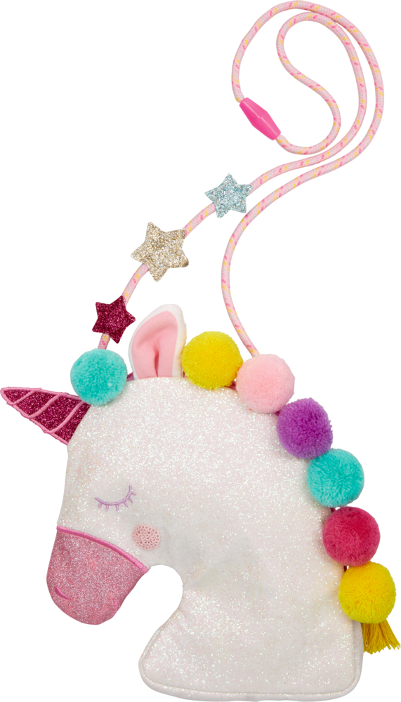 Täschchen Einhorn - Einhorn-Paradies Plüschhandtasche in Einhornkopfform mit bunten Pompons, Sternakzenten und einem rosa Riemen.