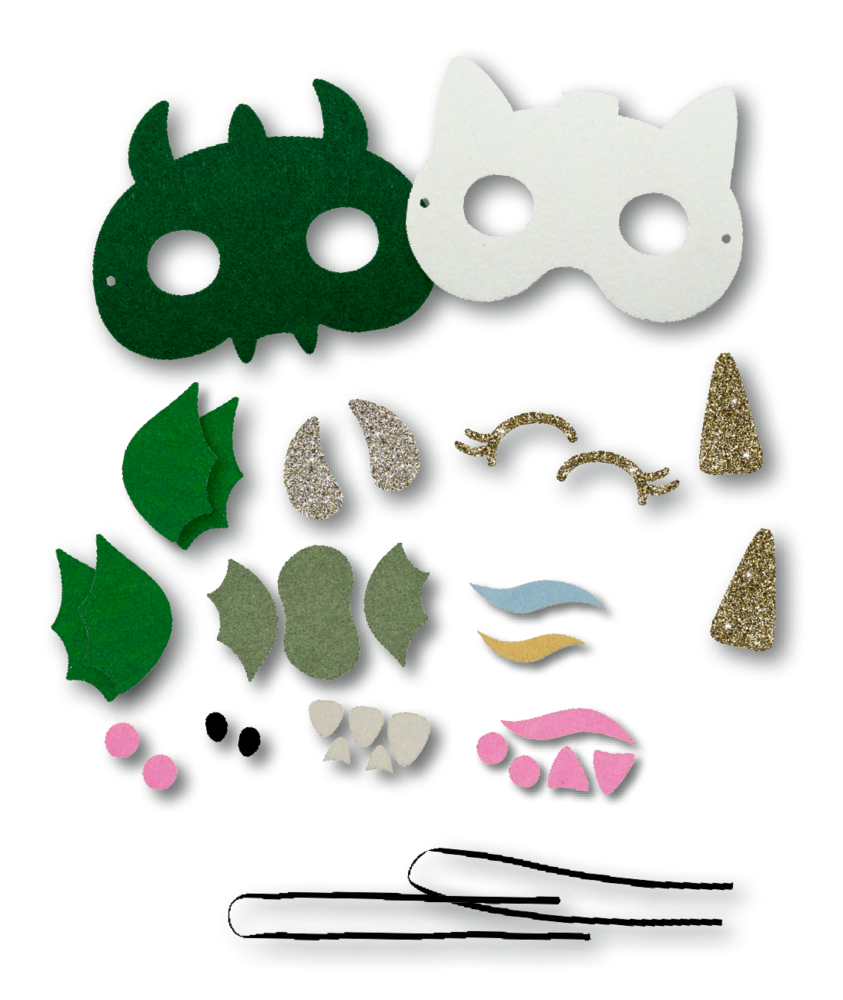 Bunte Filzmaskenteile und Zubehör für Drachen- und Einhorngesichter liegen nebeneinander auf weißem Grund.