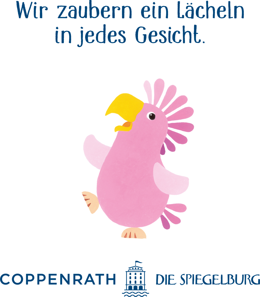 Unter dem deutschen Text und den Logos von Coppenrath Die Spiegelburg steht ein rosa Cartoon-Papagei.