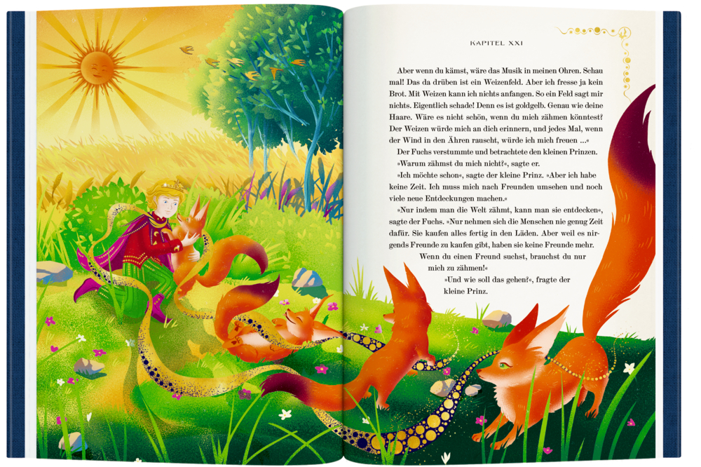 Ein Prinz in lila Umhang trifft Füchse auf einer sonnigen, grünen Wiese mit Blumen und Bäumen, Text auf der rechten Seite.