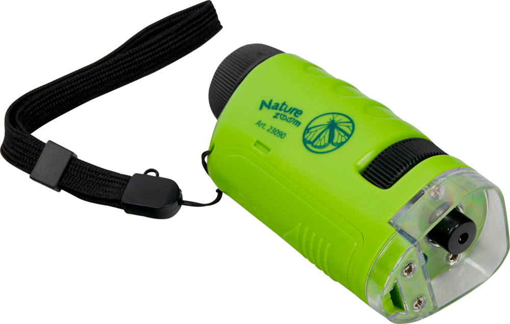 Grünes, tragbares Mikroskop mit schwarzem Band und Klarsichtlinsenschutz, Aufschrift Nature Zoom.