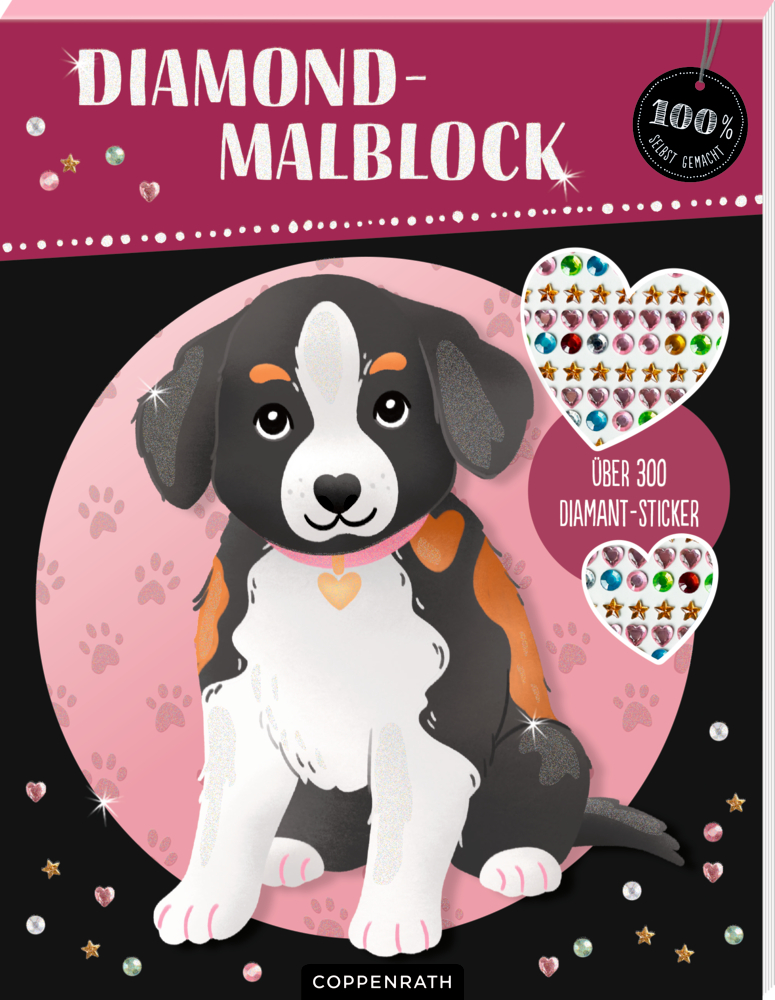 Diamond Malblock: Hund - 100% selbst gemacht Welpe mit Herzanhänger auf rosa-schwarzem Einband von einem Diamond-Malblock, umgeben von glänzenden Aufklebern und Pfotenabdrücken.