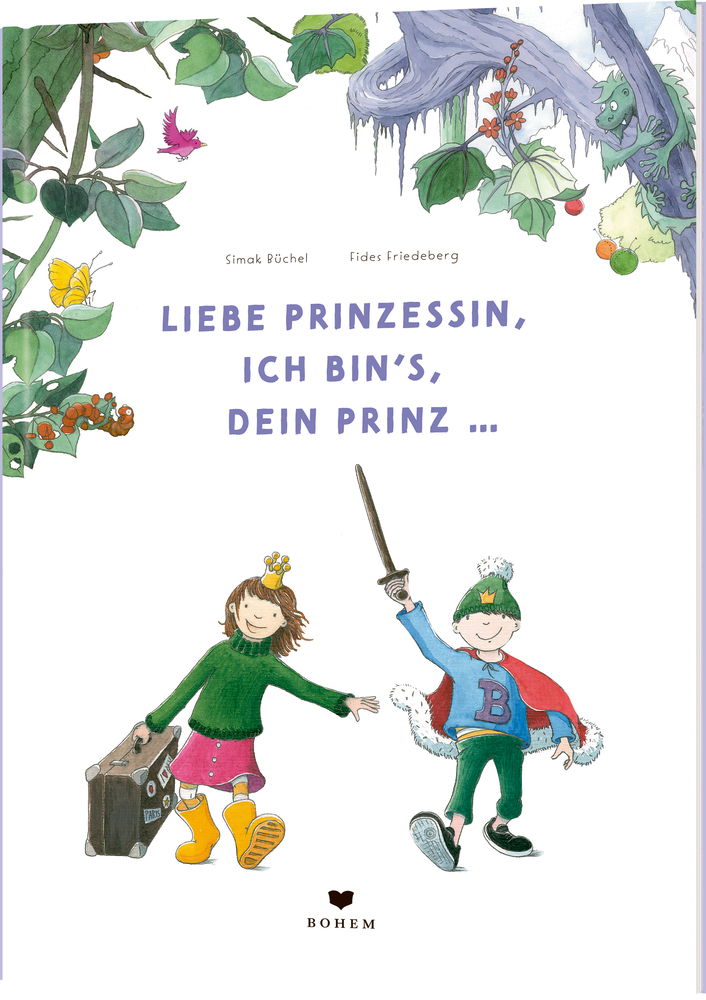 Zwei als Prinzessin und Prinz verkleidete Kinder spielen unter Bäumen, über denen Tiere und ein lila Vogel sind.