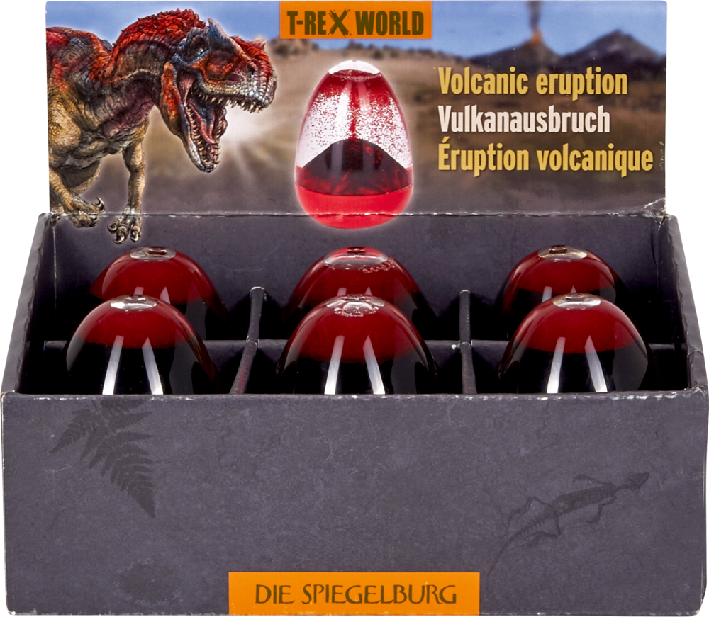 Papp-Displaybox mit 6 eiförmigen Objekten und T-Rex-Bild.