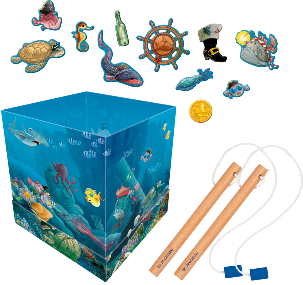 Blaue Box mit Unterwassermotiven, Angelruten und verschiedenen magnetischen Teilen mit Meerestier- und Piratenmotiven.