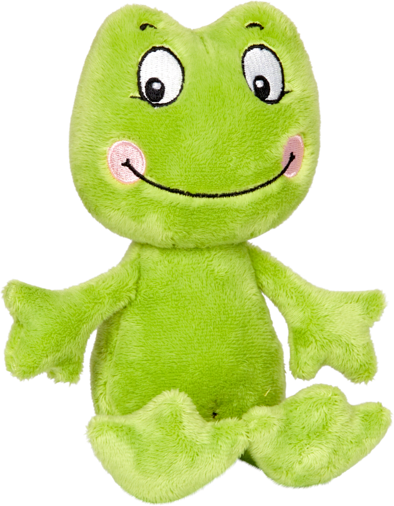 Plüschfigur Frosch Ole Die Lieben Sieben Plüschiges grünes Froschspielzeug mit einem breiten Lächeln, runden Augen, rosigen Wangen und aufrecht sitzender Haltung.
