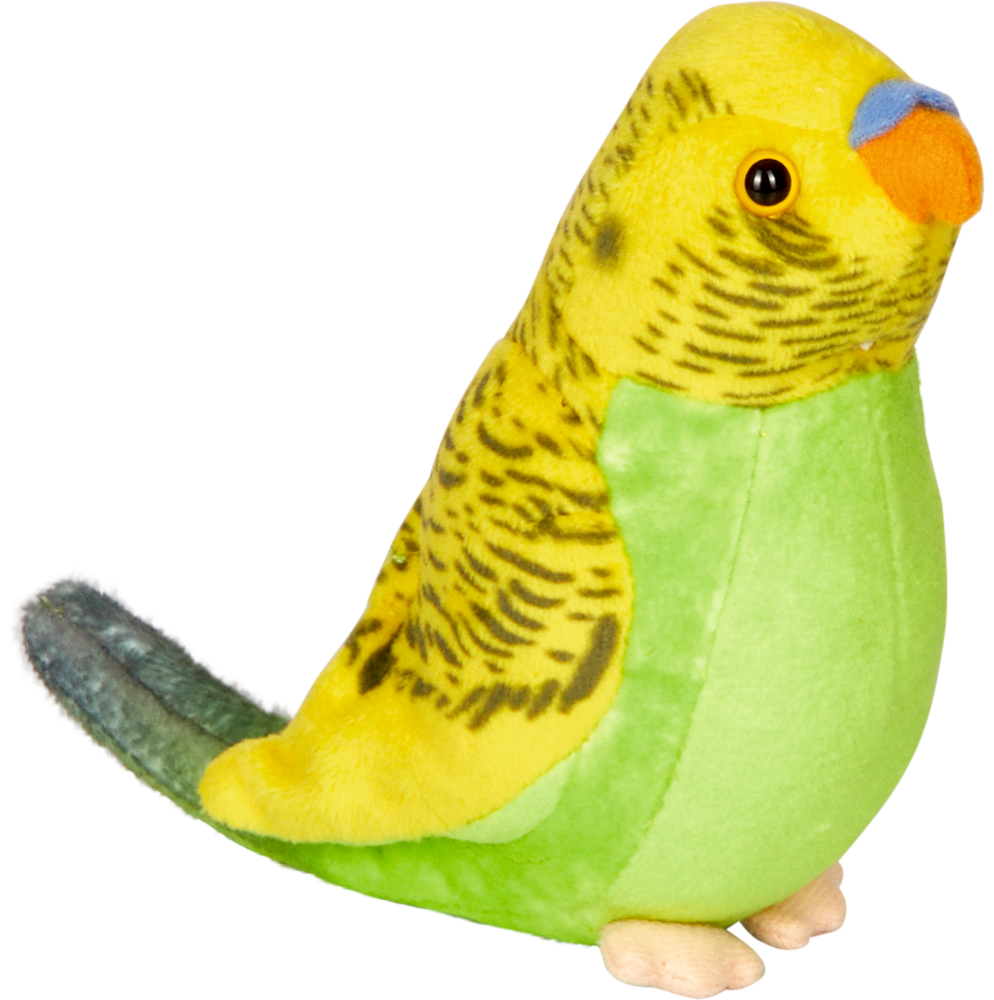 Plüsch-Sittichspielzeug mit gelbem Kopf, grünem Körper, orangefarbenem Schnabel und schwarzen Markierungen.