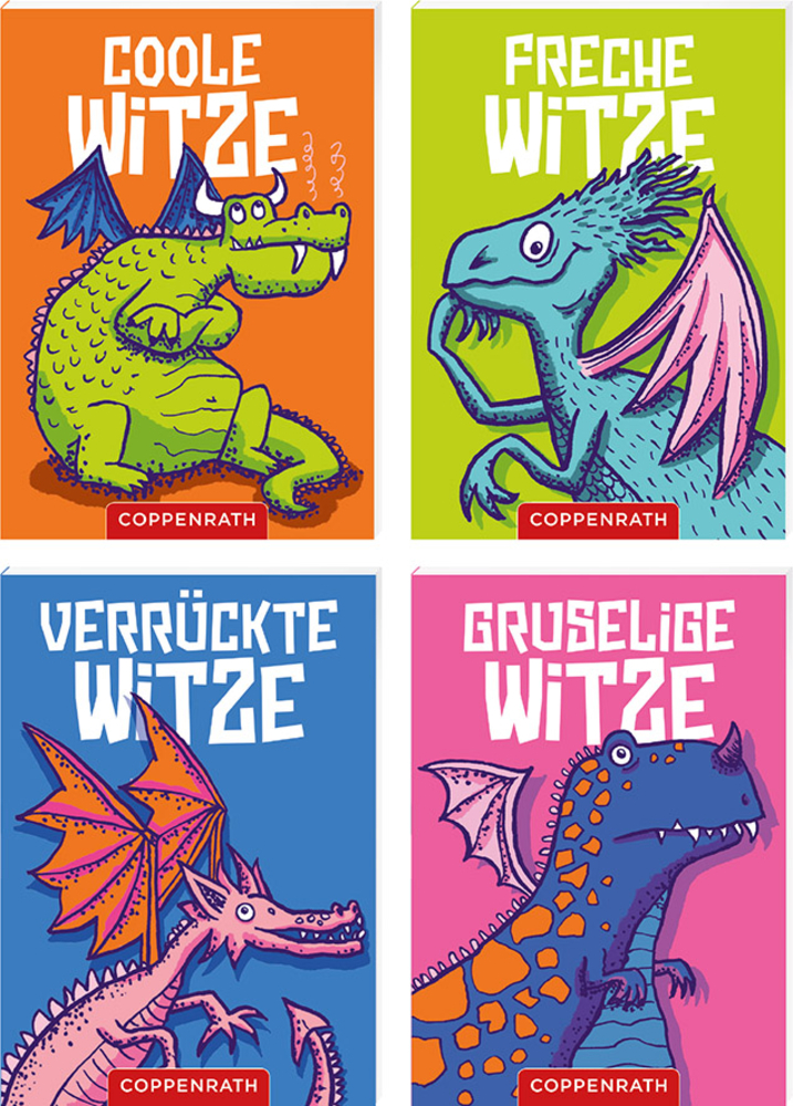 Drachen-Witze "Gruselig/Frech/Verrückt/Cool" Vier farbenfrohe Buchcover mit Drachen-Cartoon, jedes mit einer anderen Art von Witz beschriftet.