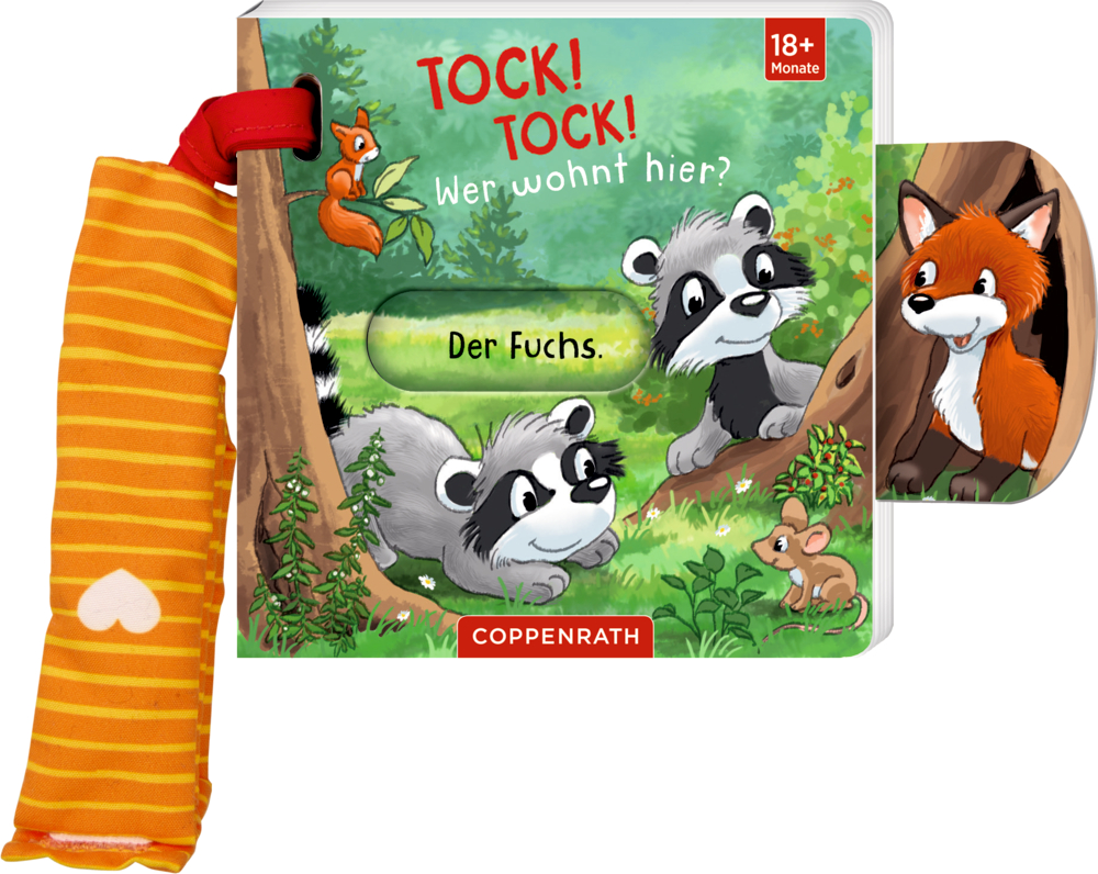Mein Schieberbuch für den Buggy: Tock! Tock! Wer wohnt hier? Bilderbuch an einem gelben Band mit kleinen Waschbären auf dem Cover und einem Fuchs auf einem herausgezogenen Schieber.
