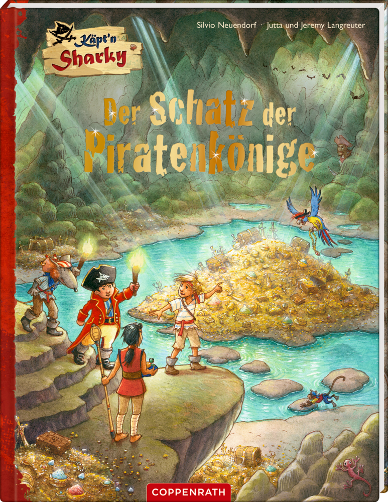 Käpt'n Sharky - Der Schatz der Piratenkönige Drei Kinder und ein Papagei stehen vor einem Schatzhaufen in einer Höhle.
