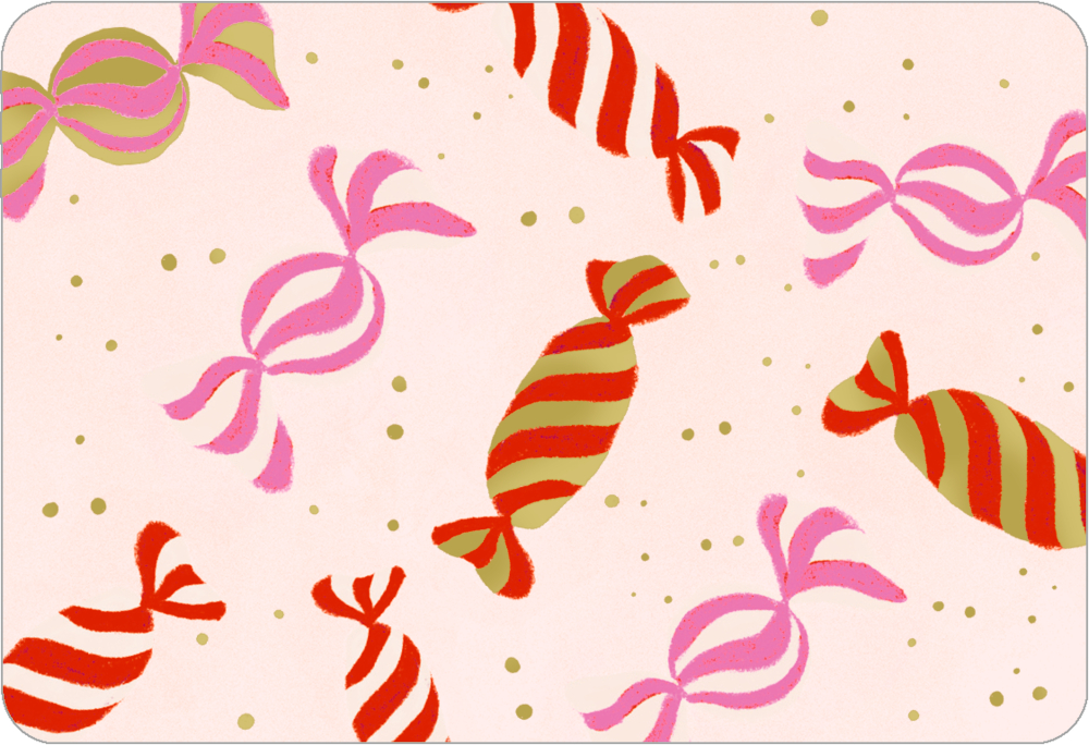 Illustration mit rot-goldenen und pinken Bonbons auf hellrosa Hintergrund mit goldenen Punkten.