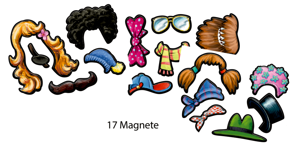 Cartoon-Magnete mit Hüten, Perücken, Brillen, Schnurrbärten und Fliegen mit der Aufschrift „17 Magnete“.