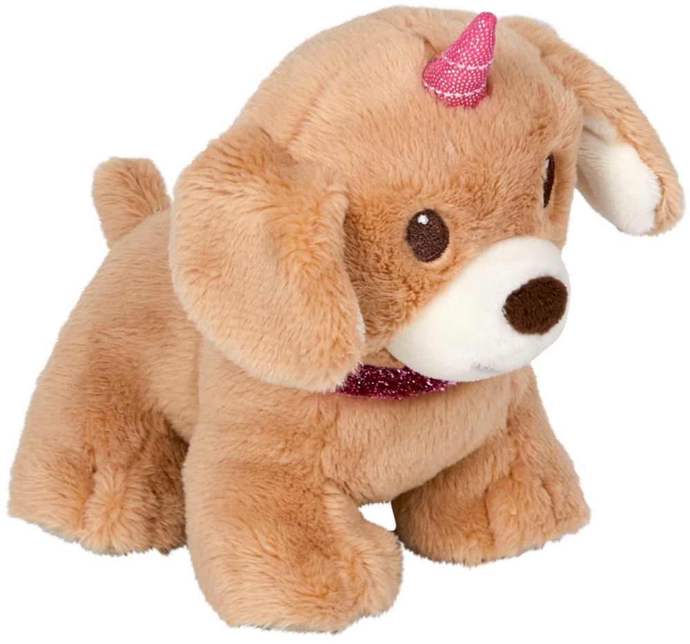 Unidog klein, braun Braunes Plüschwelpenspielzeug mit einem rosa Einhornhorn und einem glitzernden rosa Halsband.