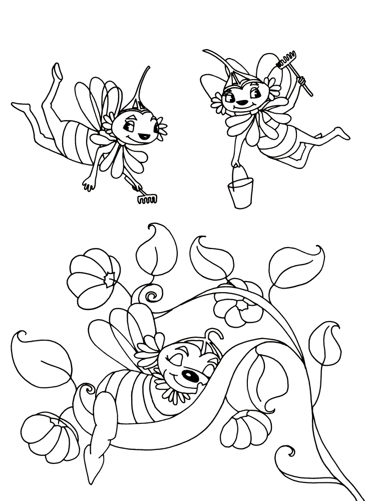 Drei fröhliche Bienen, zwei fliegen oben, eine liegt auf einer blühenden Pflanze mit großen Blättern.