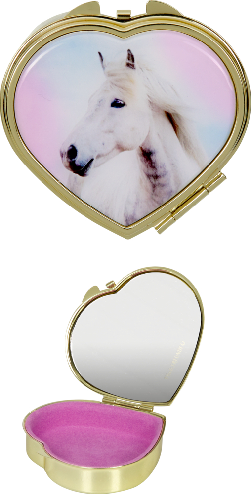 Herzförmige Dose mit einem weißen Pferd auf dem Deckel, geöffnet, innen ein Spiegel und rosa Fläche.