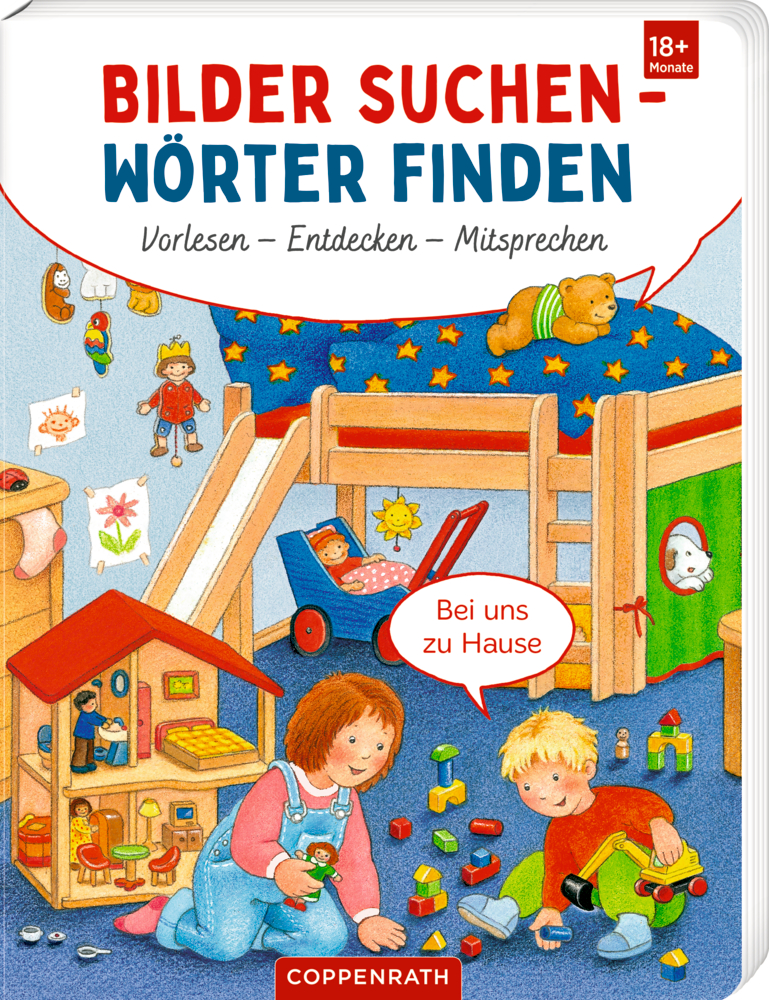 Buch zum Sprechenlernen Kinder spielen in einem bunten, gemütlichen Spielzimmer mit Etagenbett und verstreuten Spielsachen, auf dem Cover von "Bilder suchen - Wörter finden".