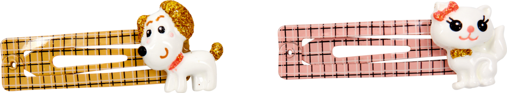 Set mit zwei Haarspangen: eine gelb kariert mit einer Hundefigur und eine rosa kariert mit einer Katzenfigur.