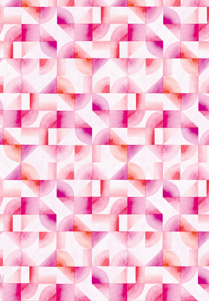 Abstraktes geometrisches Muster mit rosa, roten und weißen geschwungenen Formen in einem sich wiederholenden Design.