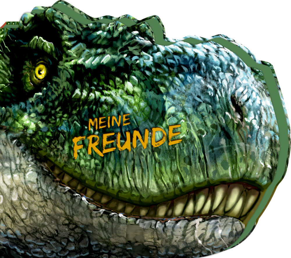 Freundebuch: Meine Freunde T-Rex World Nahaufnahme des Gesichts eines grünen Dinosauriers mit „MEINE FREUNDE“ in Gelb auf seiner Wange.