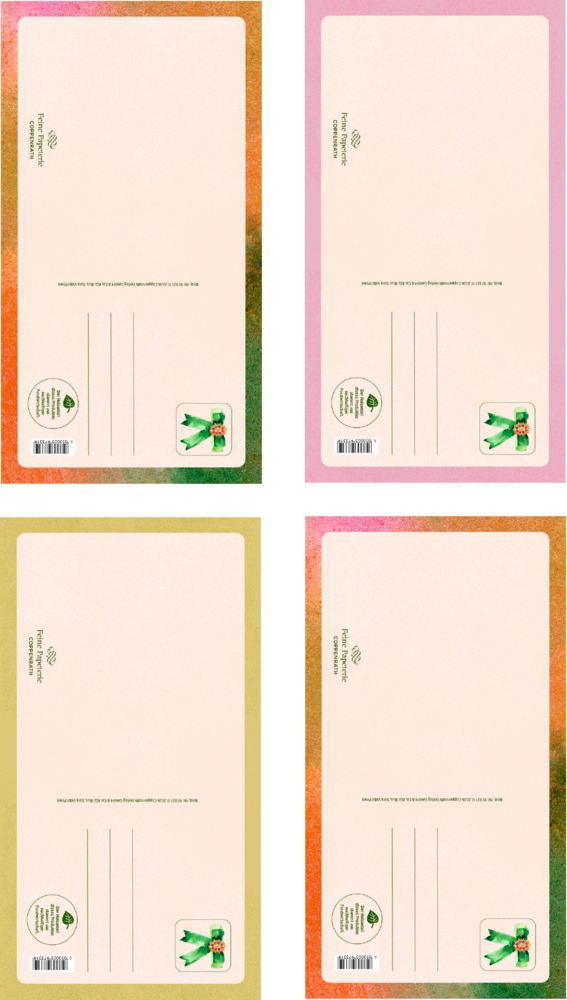 Vier Postkarten mit Adressfeldern, jeweils mit farbigem Rand in Rosa, Grün, Orange oder Gelb und kleinem Geschenkbandmotiv unten rechts.