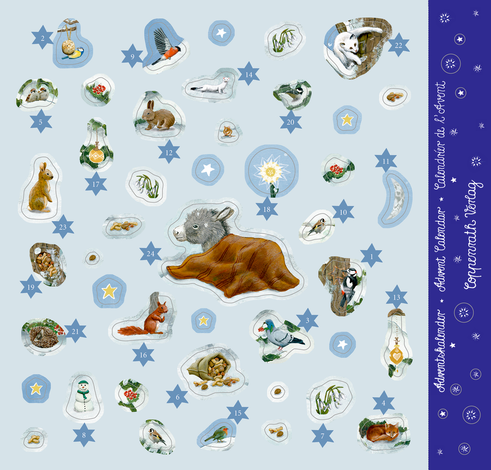 Stickerbogen zum Adventskalender mit nummerierten Sternchen und verschiedenen Waldtieren auf blauem Grund.
