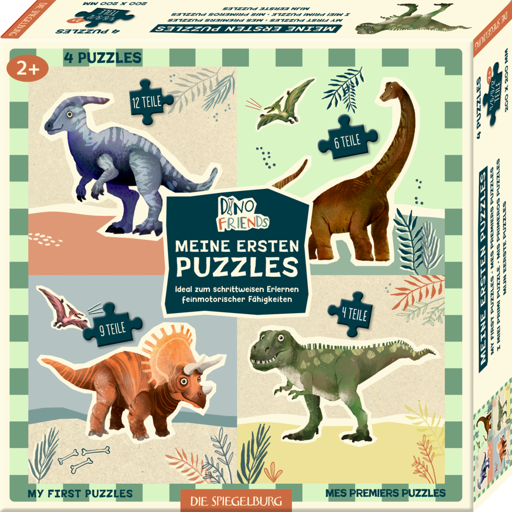 Meine ersten Puzzles - Dino Friends Schachtel mit 4 illustrierten Dino-Puzzles, jeweils mit Angabe der Teilezahl.