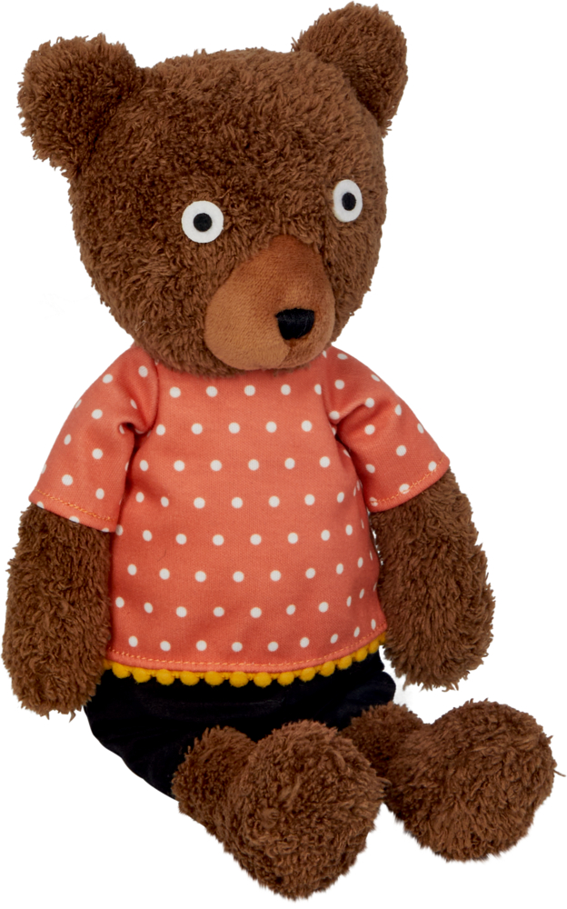 Brauner Teddybär in einem rot gepunkteten Shirt und dunklen Shorts, aufrecht sitzend.