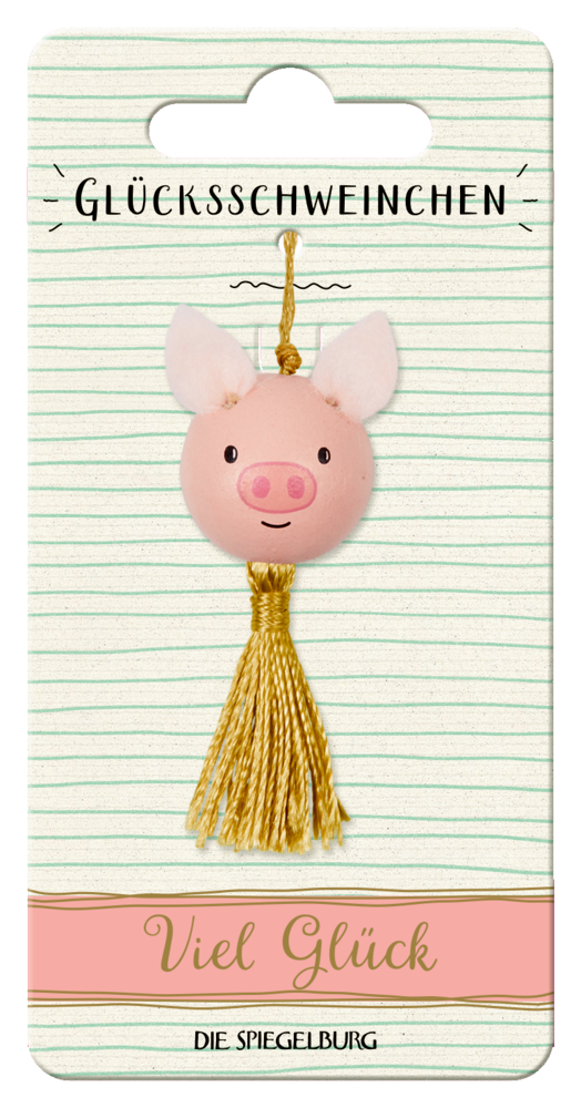 Rosa Kugel mit Schweinegesicht, goldener Quaste und Schnur auf einer Pappkarte. Aufschrift "Viel Glück".