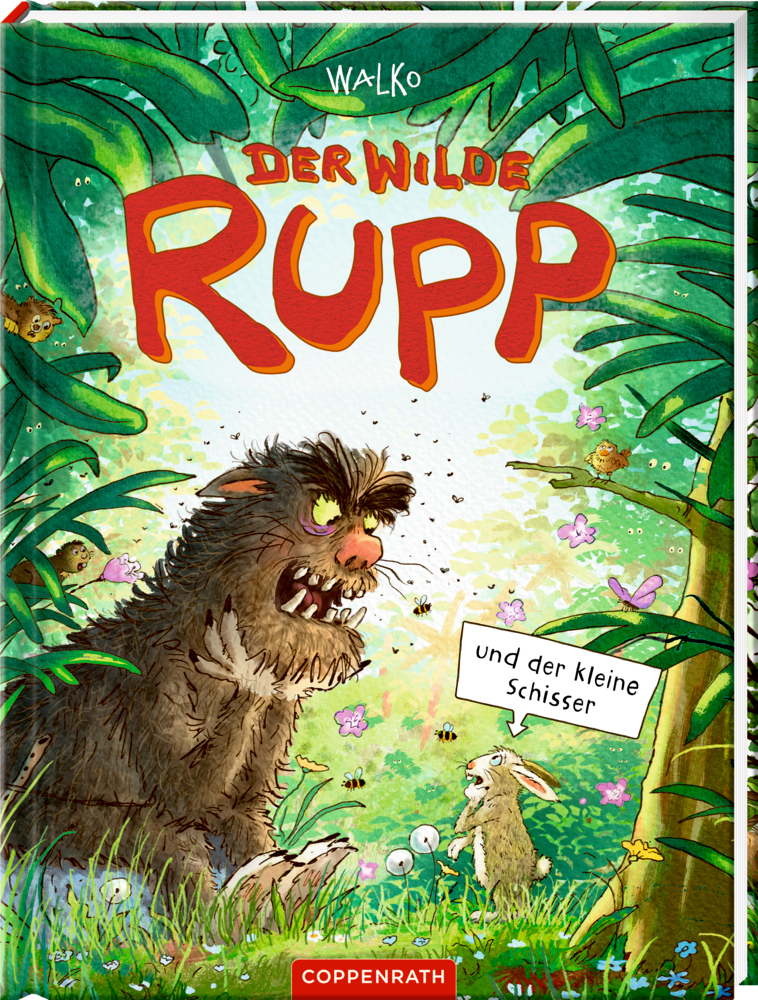 Der wilde Rupp und der kleine Schisser Ein zotteliges Wesen begegnet einem nervösen Kaninchen in einem lebhaften Dschungel, auf dem Cover von "Der wilde Rupp und der kleine Schisser".