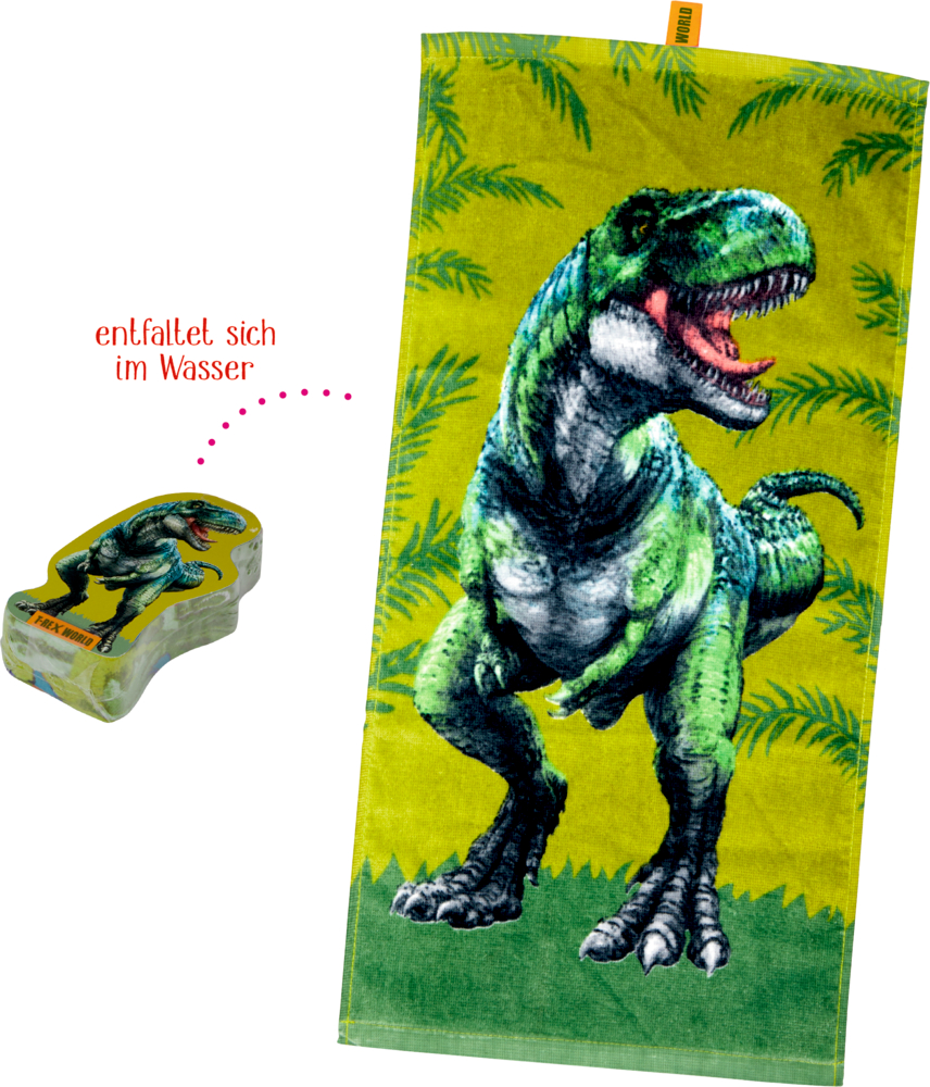 Grünes Dinosaurierhandtuch dehnt sich im Wasser aus, abgebildet neben seiner kompakten Verpackung.