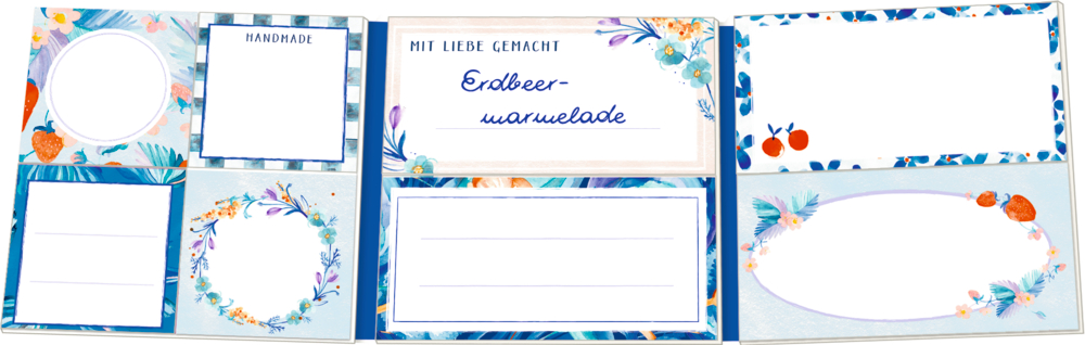 Dekorative, beschriftbare Etiketten mit Blumen- und Fruchtmotiven zum individuellen Beschriften.