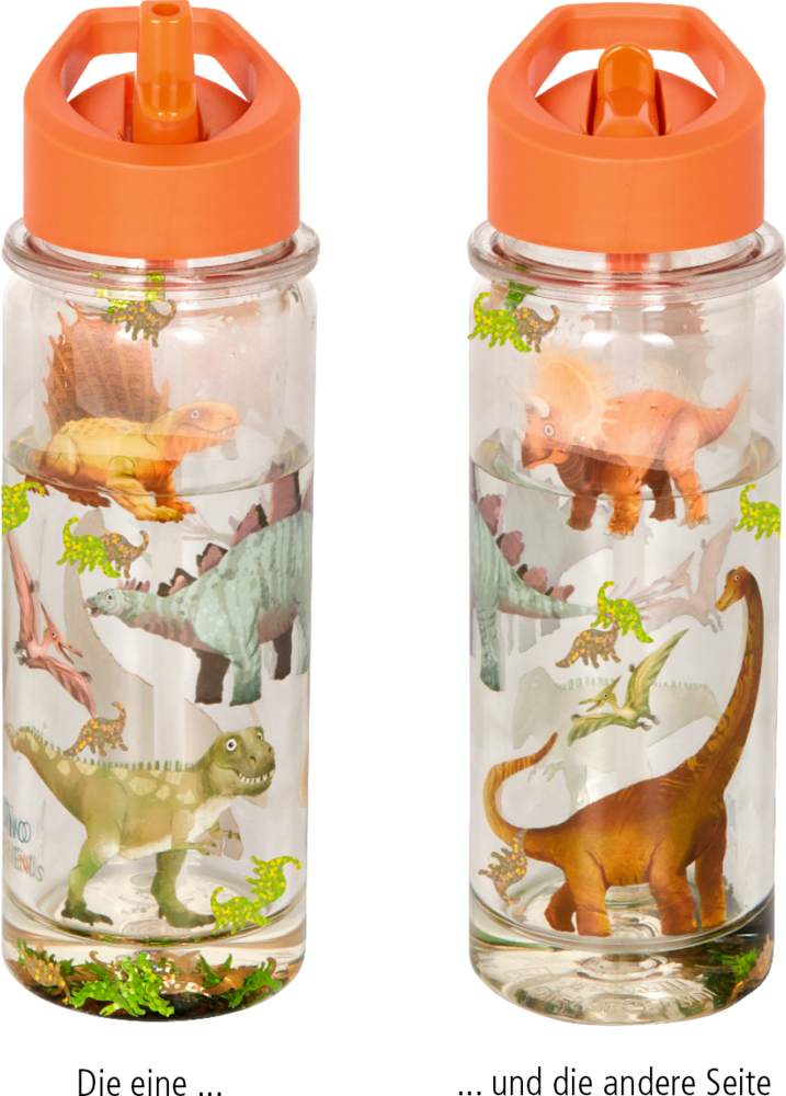 Glitzer-Trinkflasche (ca.0,3 l) - Dino Friends Vorder- und Rücksansicht einer durchsichtigen Wasserflasche mit Dinomotiven und einem orangefarbenem Deckel.