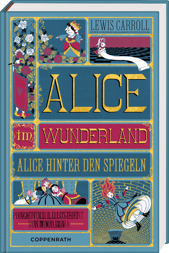 Alice im Wunderland/Alice hinter den Spiegeln (MinaLima) Buchcover mit illustrierten Szenen aus „Alice im Wunderland“ und „Alice hinter den Spiegeln“.