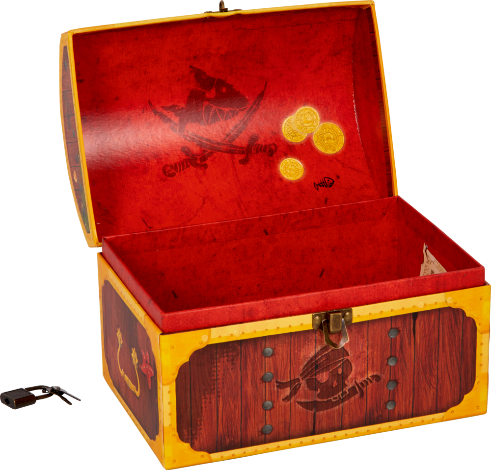 Offene Piratentruhe mit drei Goldmünzen darin; daneben liegen ein kleines schwarzes Schloss und ein Schlüssel.