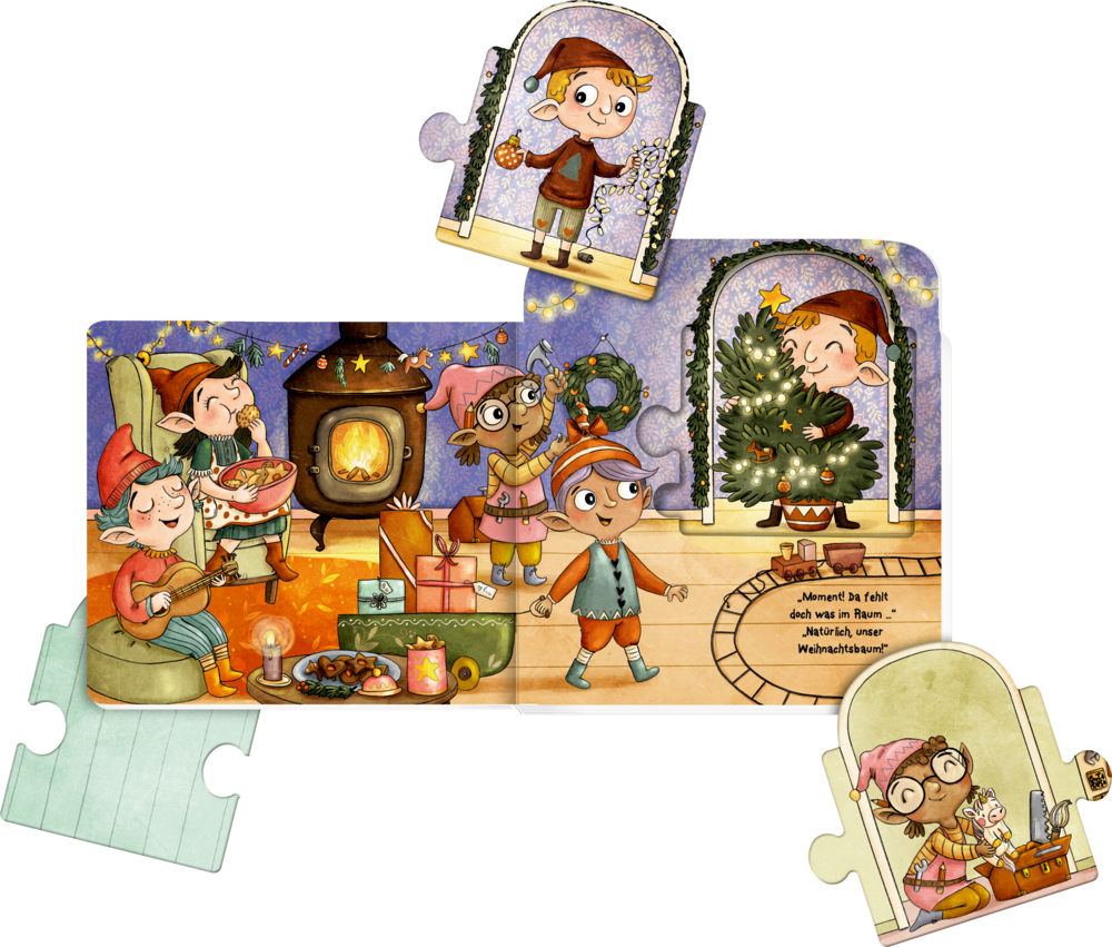 Illustration mit Wichteln beim Schmücken eines Weihnachtsbaums und beim Feiern vor einem Kamin mit Geschenken und Snacks.