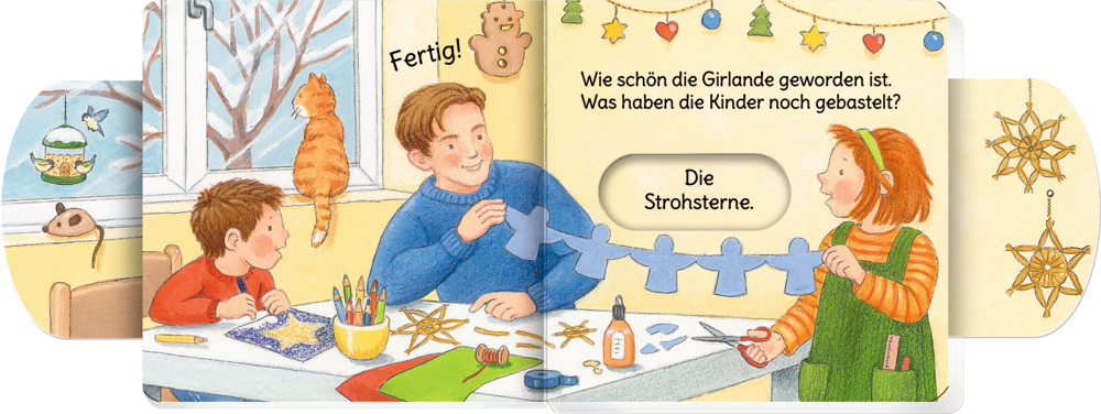 Auf einer Doppelseite mit Text bastelt eine Familie an einem Tisch Sterndekorationen aus Papier und Stroh, während eine Katze auf der Fensterbank sitzt.