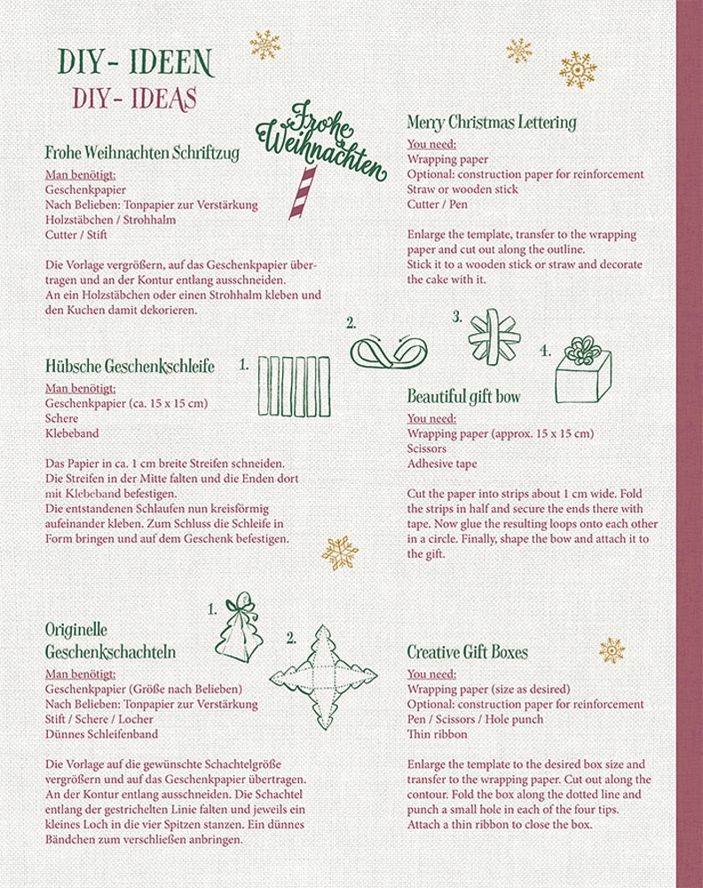 Anleitung mit Bastelideen für Weihnachten, illustriert mit Skizzen von Schriftzug, Schleife und Geschenkbox.