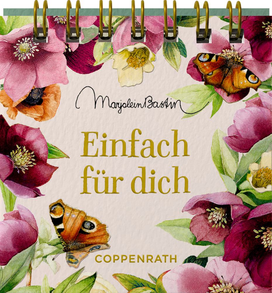 Spiralaufsteller in der frontalen Perspektive mit Schmetterlingen und dem Titel „Einfach für dich“ in goldenen Buchstaben.