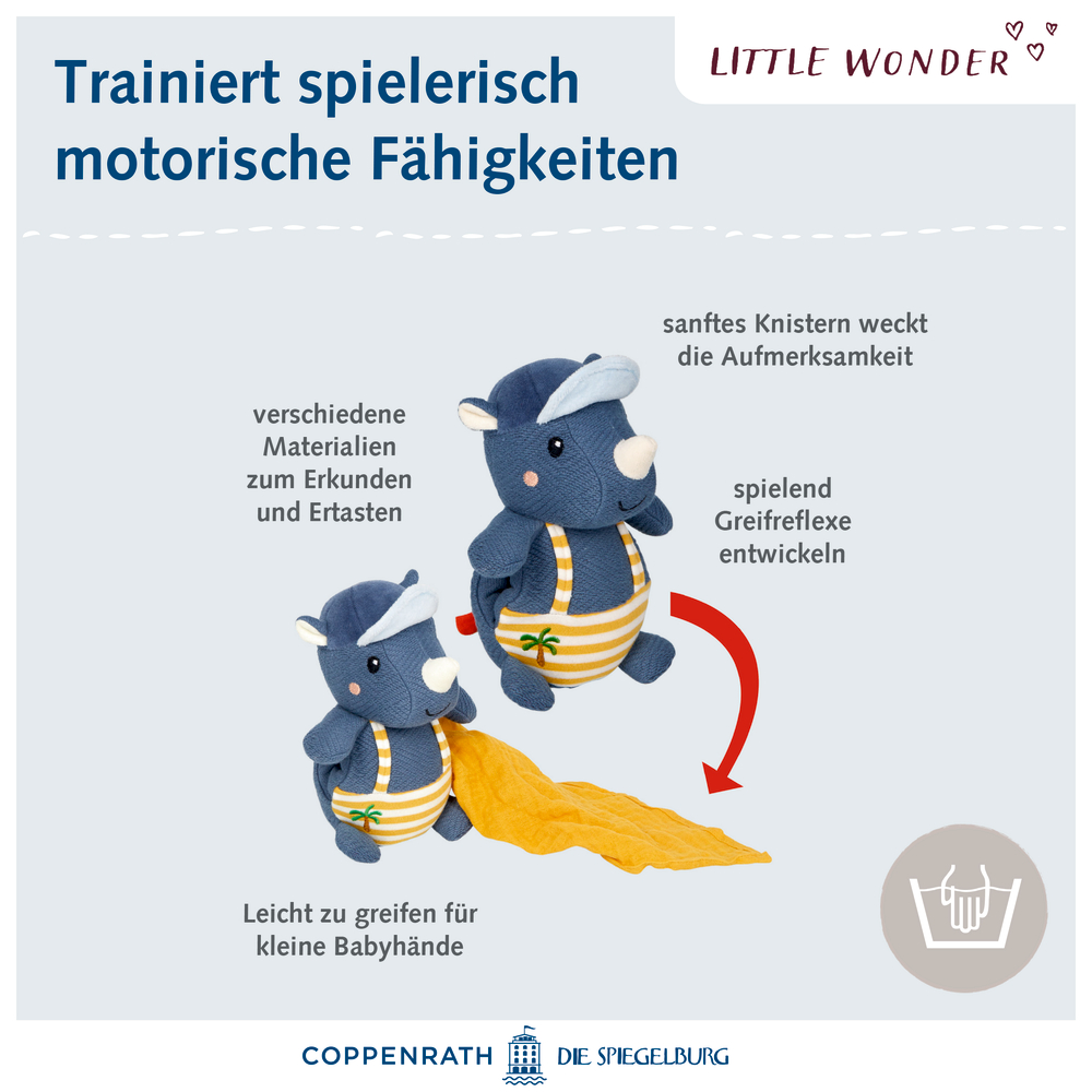 Zwei Plüschtiere mit gelbem Stoff fördern die Motorik von Babys; Text erläutert ihre Merkmale.