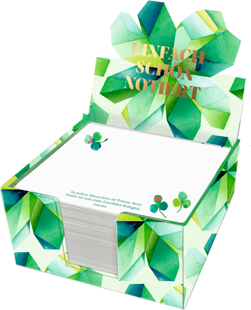 Bunte Notizbox mit grünem Blattmuster und goldenem Text EINFACH SCHÖN NOTIERT auf dem oberen Verschluss.