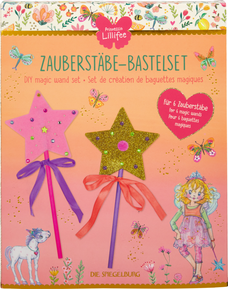 DIY-Zauberstab-Set mit zwei verzierten Stern-Zauberstäben, bunten Illustrationen.