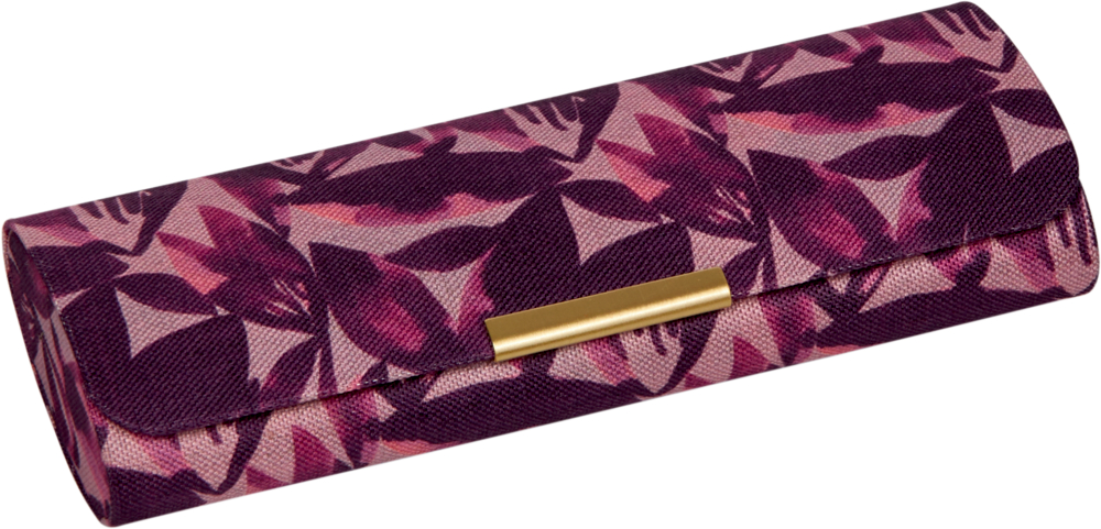 Brillenetui mit lila- und rosafarbenem Blattmuster und goldenem Verschluss, schräg abgebildet.