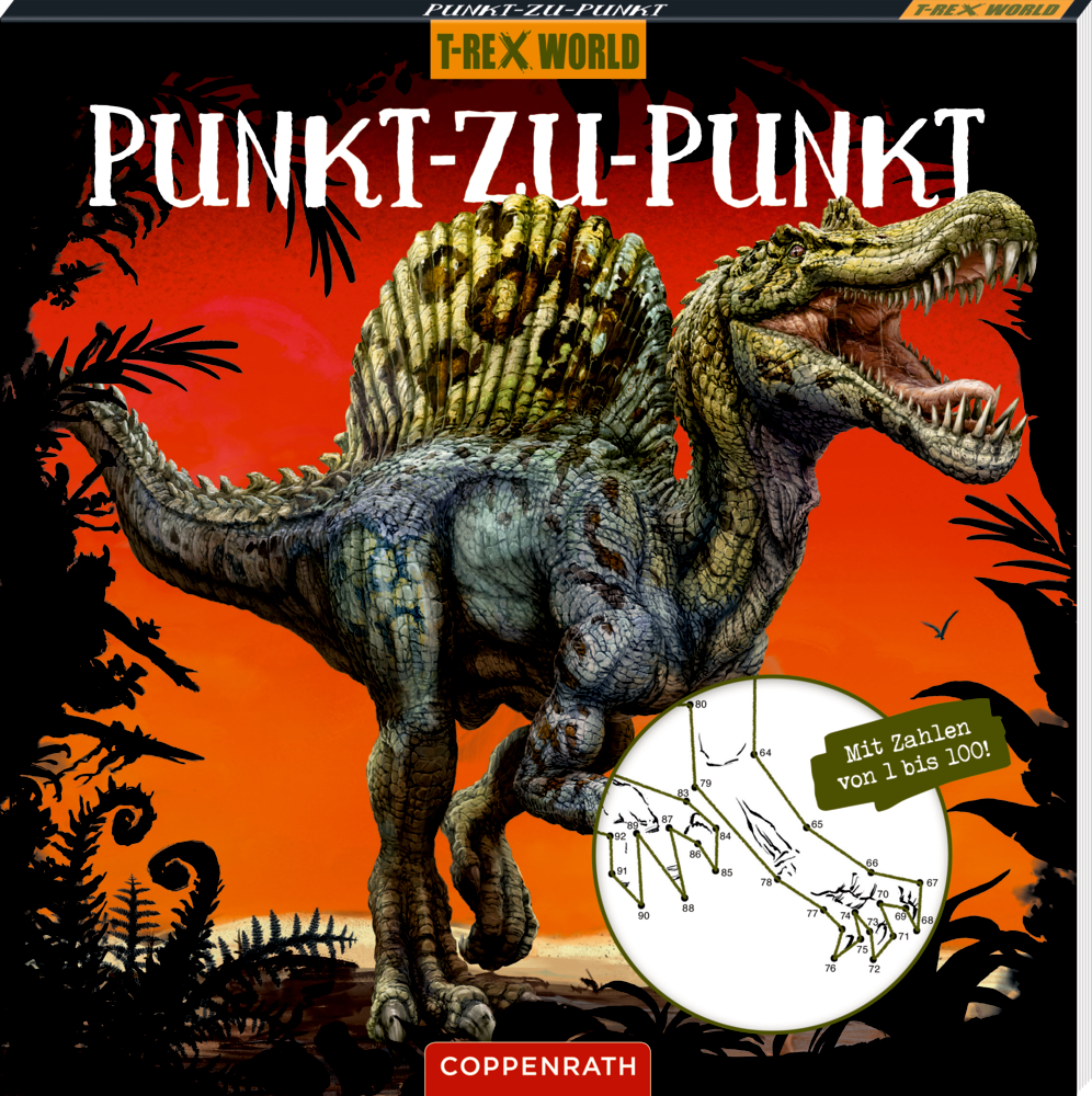 Spinosaurus Illustration mit dem Ausschnitt eines Punkt-zu-Punkt Bilds auf Malbuchcover.