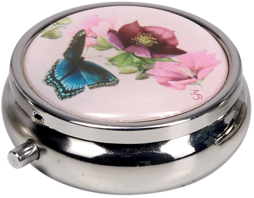 Runde silberne Dose mit Deckelmotiv aus blauem Schmetterling und rosa-blauen Blüten.