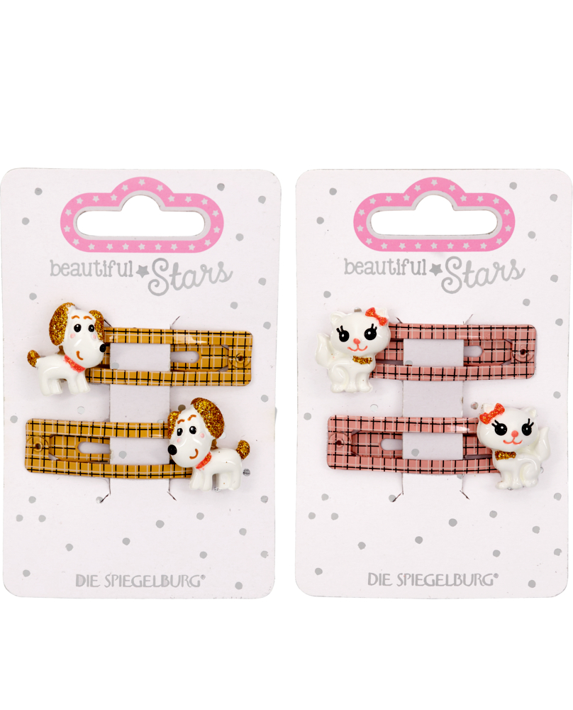 Haarclips Karo Hund oder Katze - beautiful Stars Zwei Haarspangenpackungen: gelb mit Hundemotiven, rosa mit Katzenmotiven.
