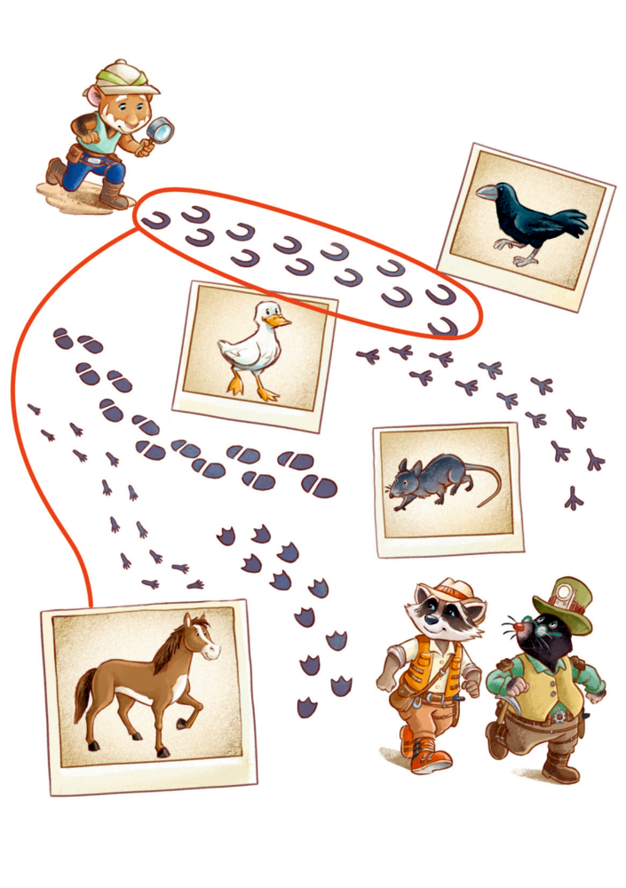 Auf einer Rätselseite verfolgt ein Kind mit einer Lupe Fußspuren zu Bildern einer Krähe, einer Ente, einer Maus und eines Pferdes.