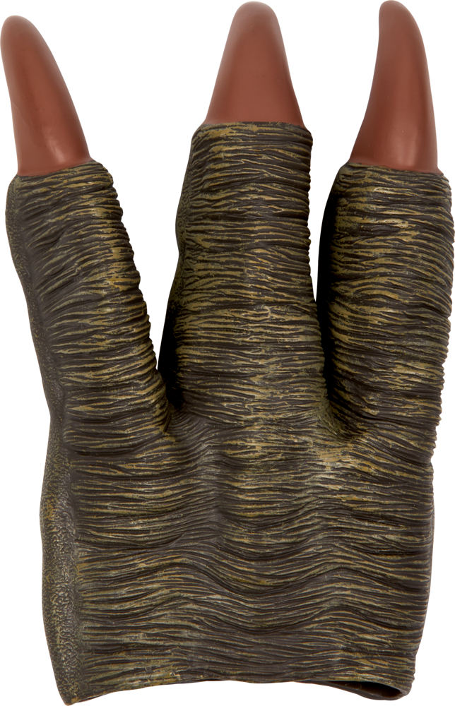 Dinosaurier-Kralle - T-Rex World Ein Gummihandschuh in Form einer dreifingrigen Dinosaurier- oder Monsterklaue.