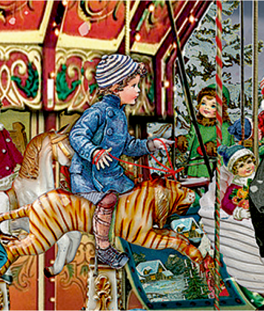 Inhalt eines Türchens: Kind im blauen Mantel reitet auf einem Karusselltiger, umgeben von Kindern und festlicher Deko.